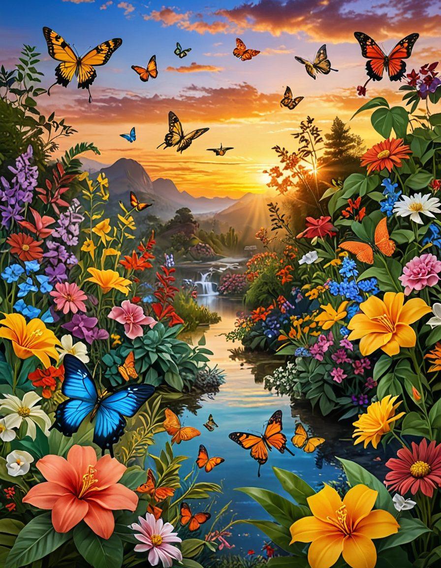 A breathtaking landscape showcasing a vibrant array of colorful flowers and diverse flora, intertwined with symbols of eco-friendliness like green leaves and recycling signs. Incorporate a sunset sky casting warm hues over the scene, and include animals like butterflies and hummingbirds to emphasize biodiversity. The composition should inspire harmony between nature and sustainability. super-realistic. vibrant colors. 3D.