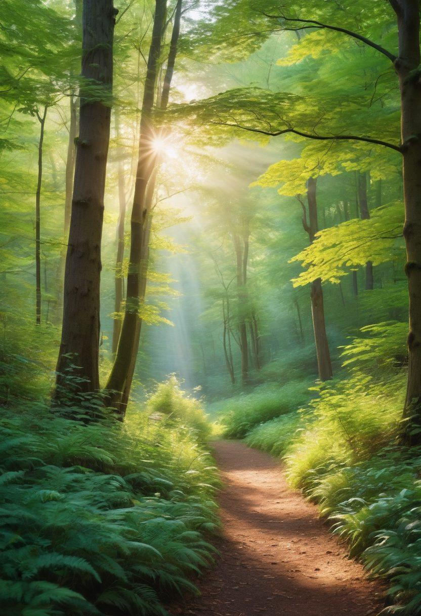 A serene landscape featuring a vibrant forest with sunlight streaming through the trees, individuals of diverse backgrounds engaging in sustainable practices like gardening and recycling. Incorporate elements of joy and authenticity through their smiling faces and natural activities, with animals peacefully coexisting. The atmosphere should evoke a feeling of harmony and connection with nature. painting. vibrant colors. soft focus.