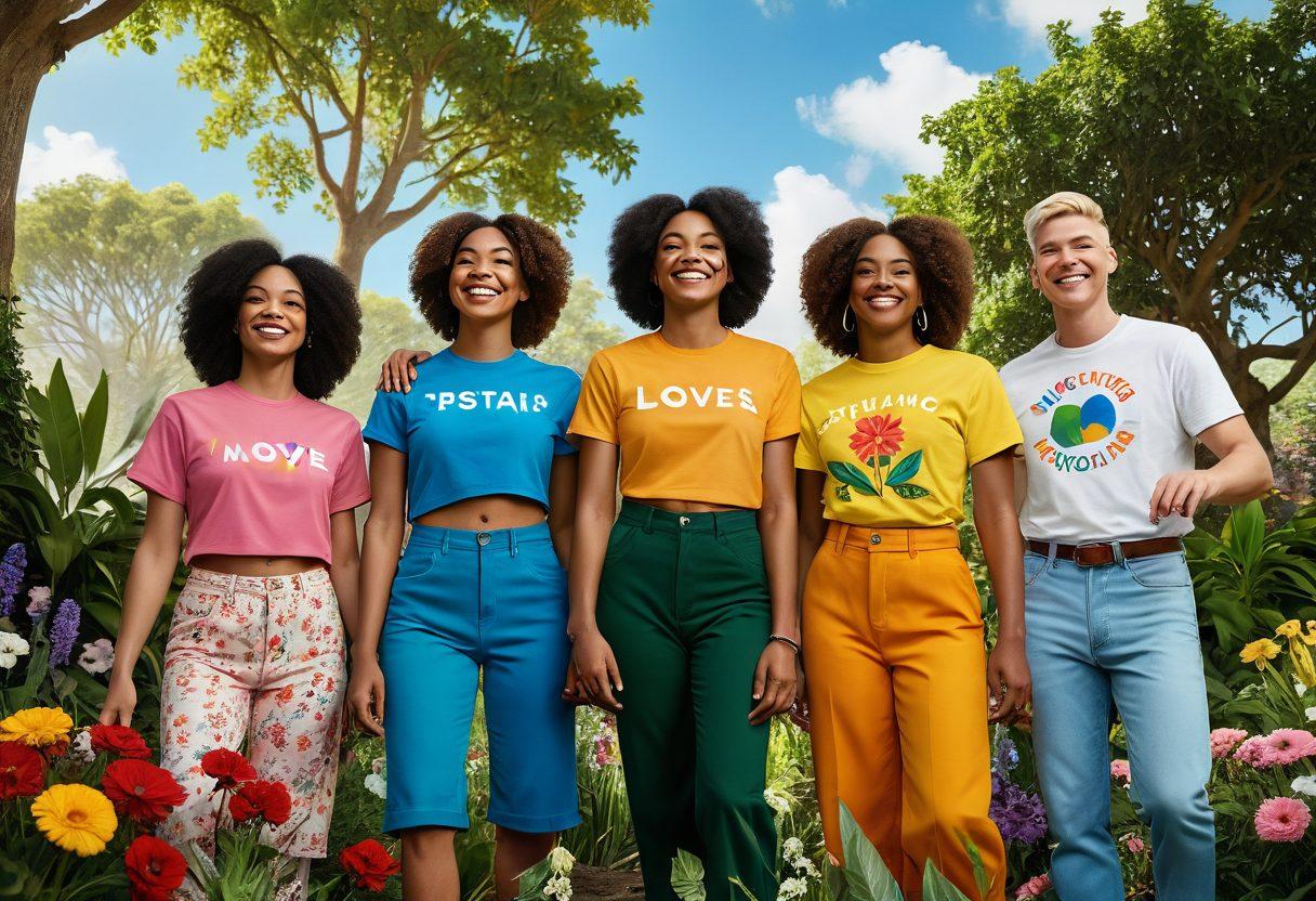 A vibrant scene showcasing a diverse group of LGBTQ+ individuals joyfully participating in outdoor activities amidst lush greenery, surrounded by colorful flowers and trees. Incorporate symbols of nature and sustainability like recycling signs and natural fabrics in their clothing. The sky is bright and sunny, radiating positivity and inclusiveness. The characters should represent various ethnicities and gender expressions, celebrating love and diversity. super-realistic. vibrant colors. nature-themed.